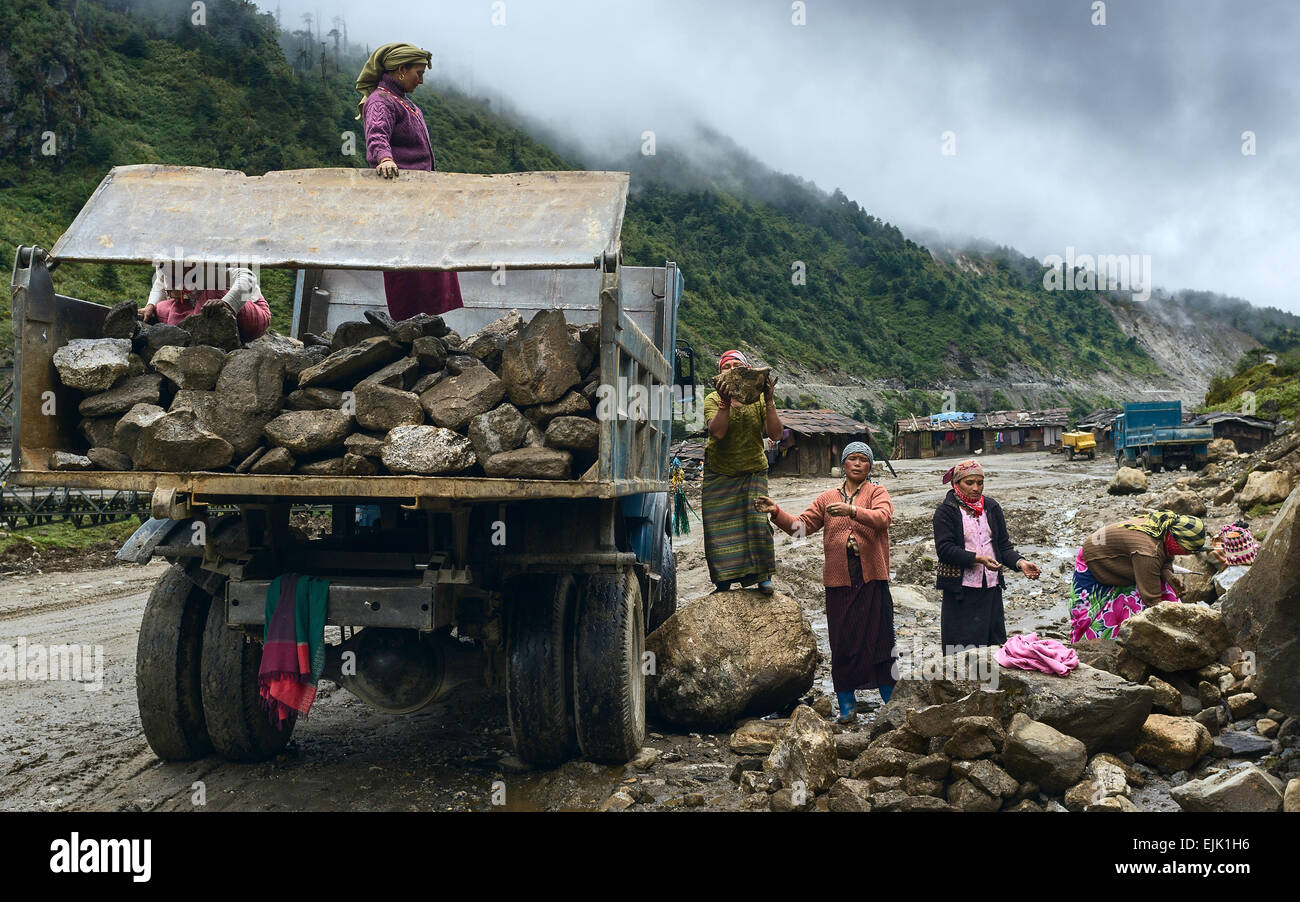 Women at work in construction of main road lifting heavy rocks on wet rainy day near Tawang, Arunachal Pradesh, India. Stock Photo