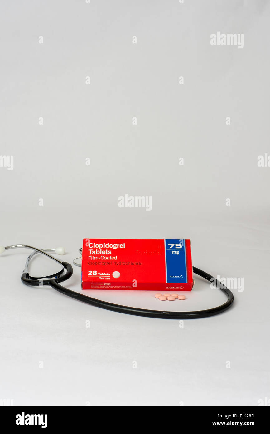 clopidogrel and stethoscope on white background Stock Photo