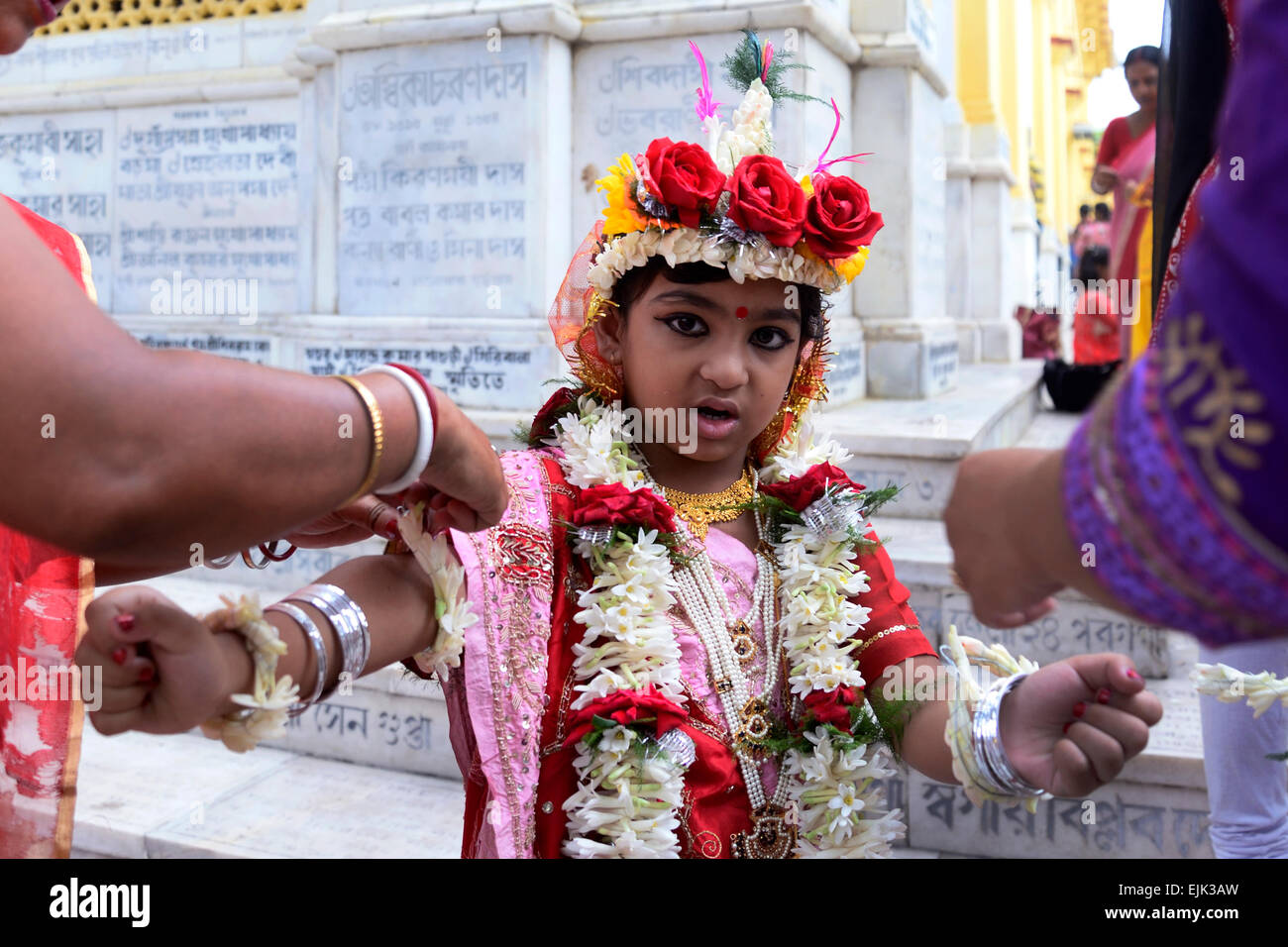 Kolkata, India. 30th Mar, 2015. There are 2000 Kumari been worshiped at Dakshinewar Ramkrishna Sangha Adyapeath, during the occasion of Basanti Puja or Annapurna Puja. Kumari Puja is a tradition of worshiping young pre-pubescent girls as manifestations of the female energy or Devi in Hindu religious tradition. Credit:  Saikat Paul/Pacific Press/Alamy Live News Stock Photo