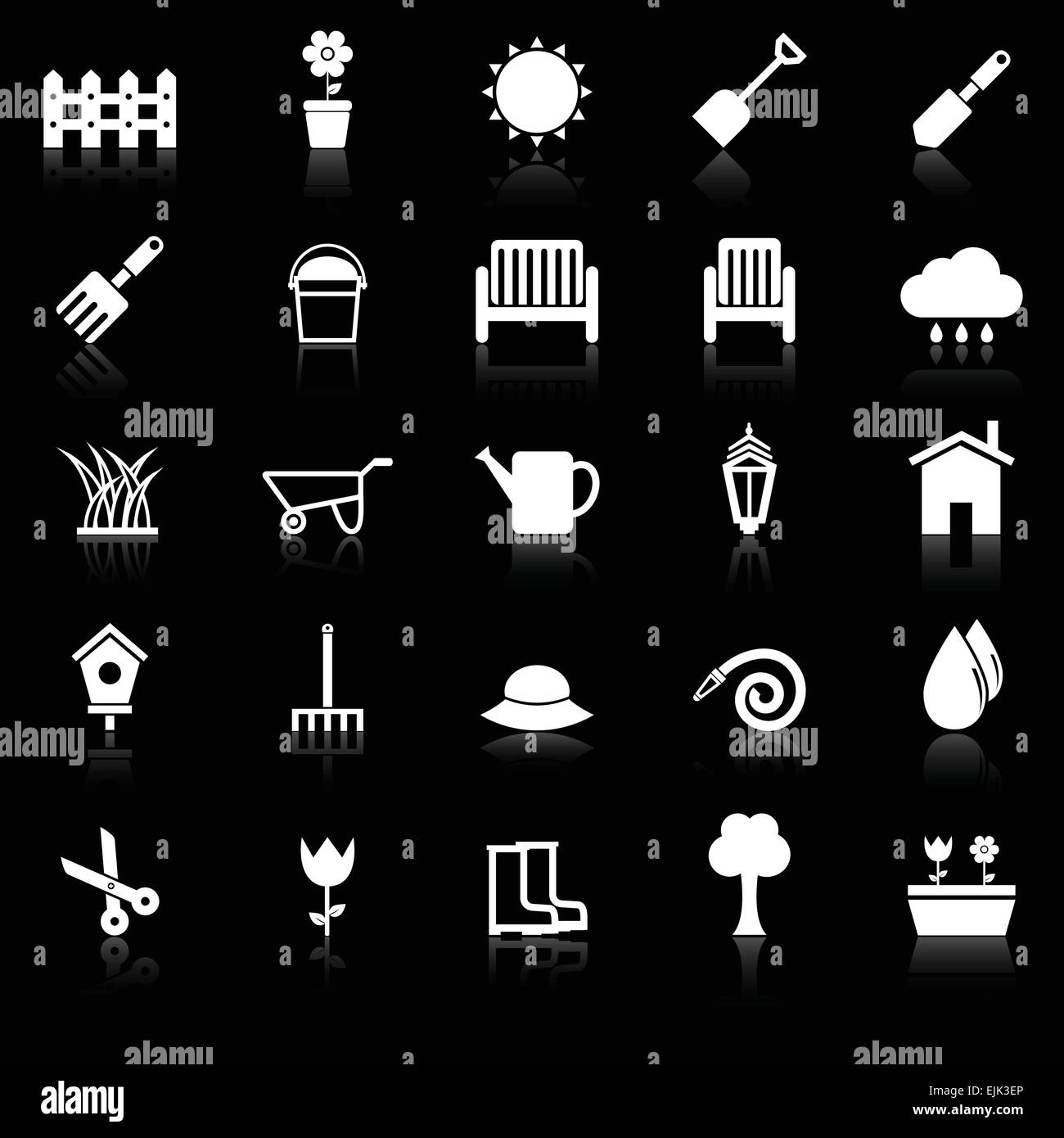 Gardening icons with reflect on black background, stock vector Stock ...