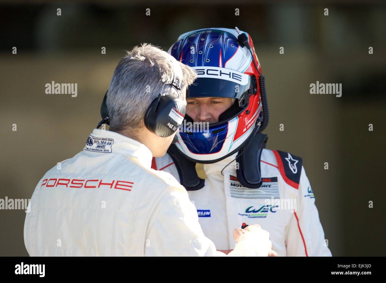 Le Castellet, France. 28th Mar, 2015. World Endurance Championship Prologue Day 2. Porsche Team Manthey driver Michael Christensen talks to his engineer. Credit:  Action Plus Sports/Alamy Live News Stock Photo