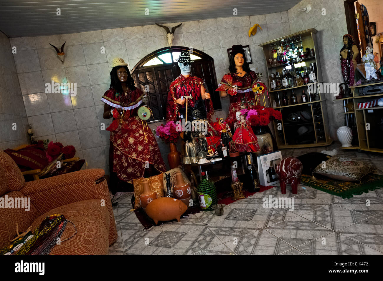 Religious statues and objects are seen in the AfroBrazilian religious