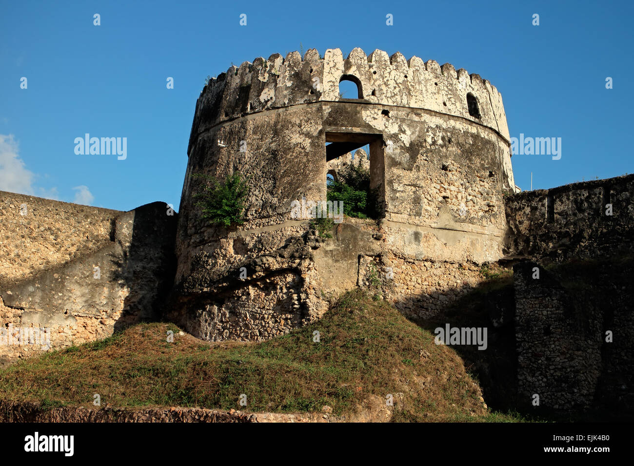 Cylindrical tower building of an old historical fort, Stone Town, Zanzibar Stock Photo