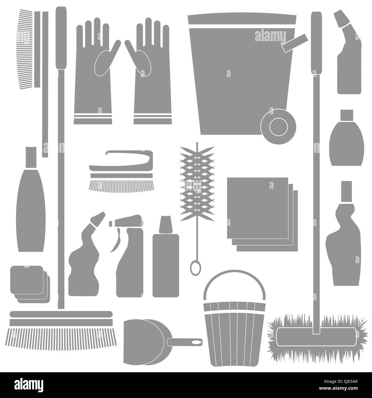 colorful illustration with  Cleaning Tools silhouettes on white background Stock Photo