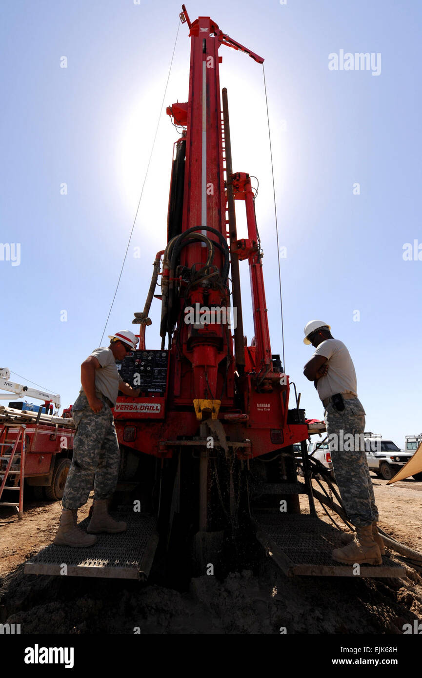 U.S. Army Sgt. Roy Hayes left, and Spc. Andrew Collins stand by their equipment while drilling a well in Dikhil, Djibouti, Feb. 20, 2009.  Both are part of the 775th Well Drilling Detachment, which falls under the 194th Engineer Battalion, a part of the Tennessee Army National Guard. The detachment is deployed to Africa in support of Combined Joint Task Force-Horn of Africa, the primary mission of which is to help Africans solve African challenges.  U.S. Air Force  Staff Sgt. Joseph L. Swafford Jr. Stock Photo