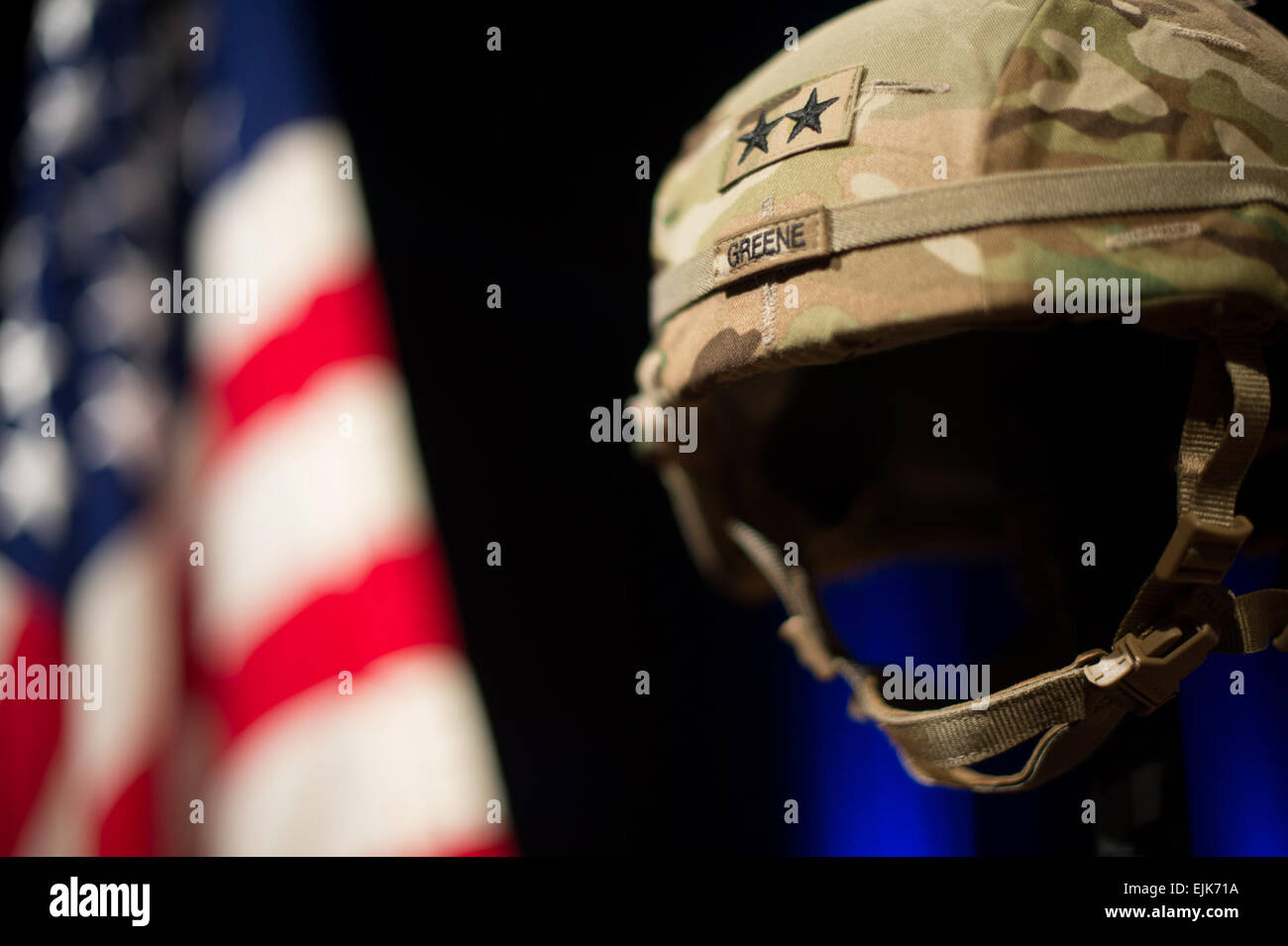 Helmet atop the Fallen Soldier Display in honor of Maj. Gen. Harold J. Greene during a memorial ceremony at the Pentagon, 13 Aug. 2014.  Greene was killed Aug. 5 in an insider attack while deployed to Afghanistan.  He will be interred at Arlington National Cemetery on 14 Aug.   Staff Sgt. Bernardo Fuller Stock Photo