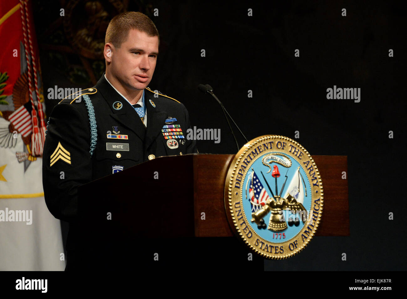 Medal of Honor recipient former U.S. Army Sgt. Kyle White speaks during his Hall of Heroes induction ceremony at the Pentagon in Washington, D.C., May 14, 2014. White was recognized for his actions during his deployment to Afghanistan in 2007 while serving with Chosen Company, 2nd Battalion Airborne, 503rd Infantry Regiment, 173rd Airborne Brigade.  U.S. Army  Sgt. Laura Buchta Stock Photo
