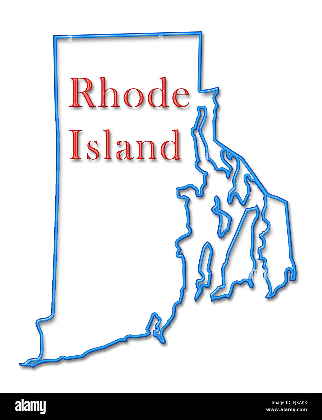 Rhode Island Map with Neon Blue Outline and Red Lettering Stock Photo