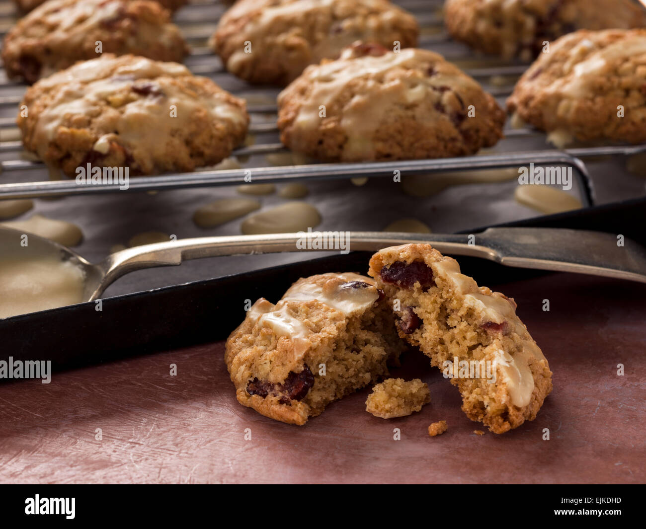 Oatmeal cranberry cookies American home baking Stock Photo