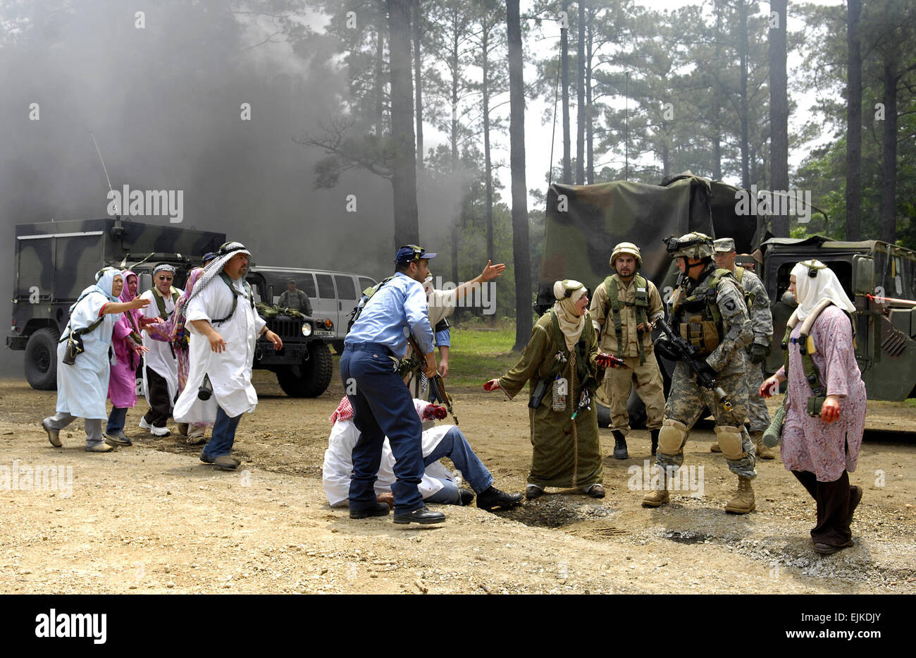 U.S. military members train at the Joint Readiness Training Center at Fort Polk, La., May 4, 2007.  The training is designed to prepare troops for situations they may encounter while deployed.   Cherie A. Thurlby. Released Stock Photo