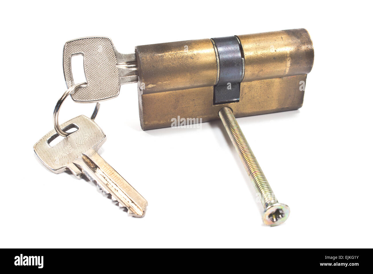 Old used brass cartridge cylinder with keys isolated on white Stock Photo