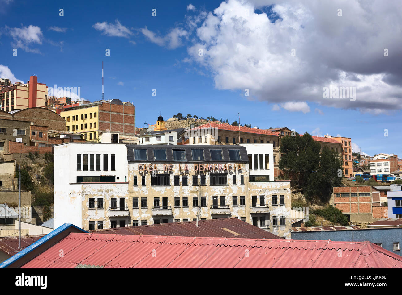 View over rooftops onto the building of the Casa de la Democracia (House of Democracy) in the city center of La Paz, Bolivia Stock Photo