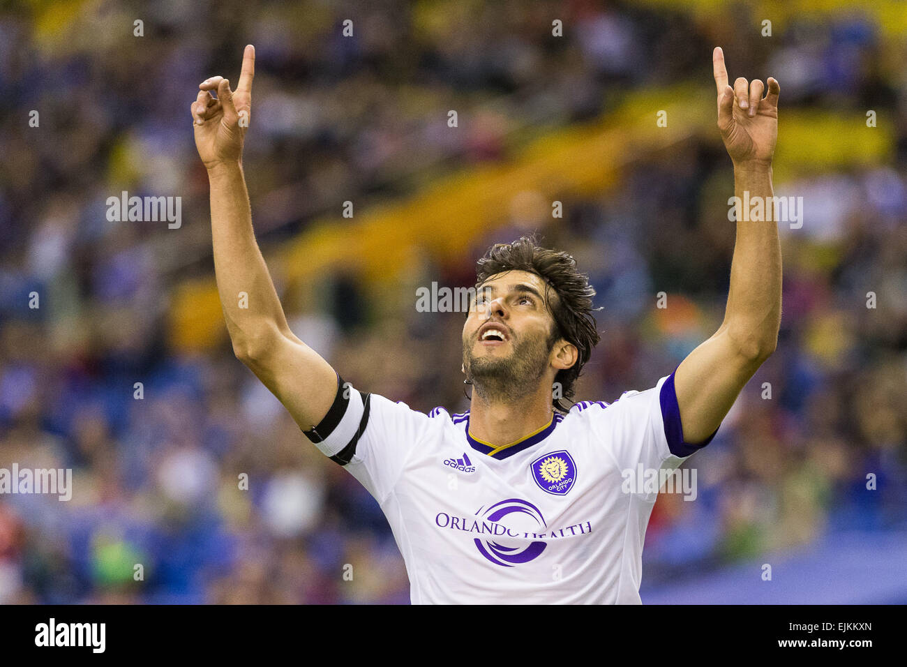 Mar 28, 2015 : Orlando City FC midfielder Kaka #10 celebrates his goal during the first half of a MLS game between the Orlando City FC and the Montreal Impact at the Montreal Olympic Stadium in Montreal, Quebec, Canada. Philippe Bouchard/Cal Sport Media Stock Photo