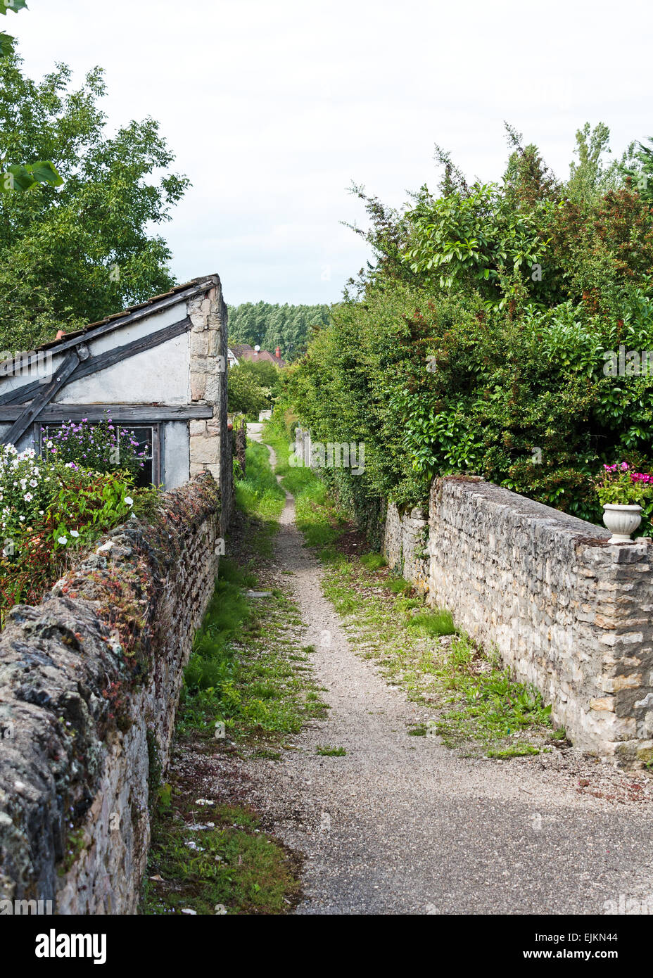 A grassy footpath leading between properties in Chagny, Saone et Loire, Burgundy, France Stock Photo