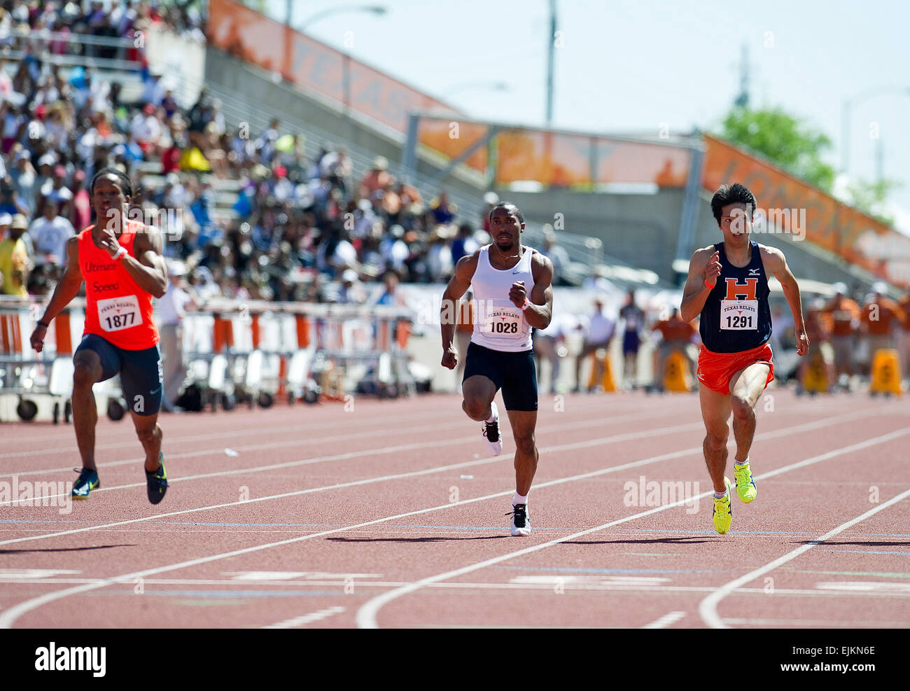 March 28, 2015: Kazuma Osto #1291 from Japan in the Men's 100 Meter Dash Invitational with a time of 10.39 at The 88th NIKE Clyde Littlefield Texas Relays, Mike A. Myers Stadium. Austin, Texas. Stock Photo