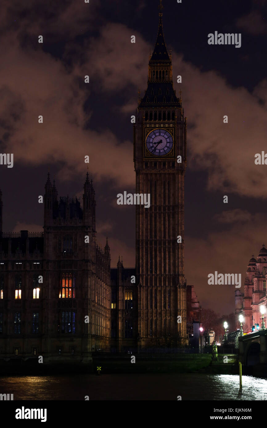 London, UK. 28th March 2015. The lights out on Big Ben and the Houses