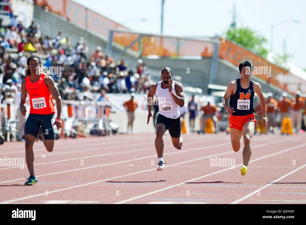 March 28, 2015: Kazuma Osto #1291 from Japan in the Men's 100 Meter Dash Invitational with a time of 10.39 at The 88th NIKE Clyde Littlefield Texas Relays, Mike A. Myers Stadium. Austin, Texas. Stock Photo