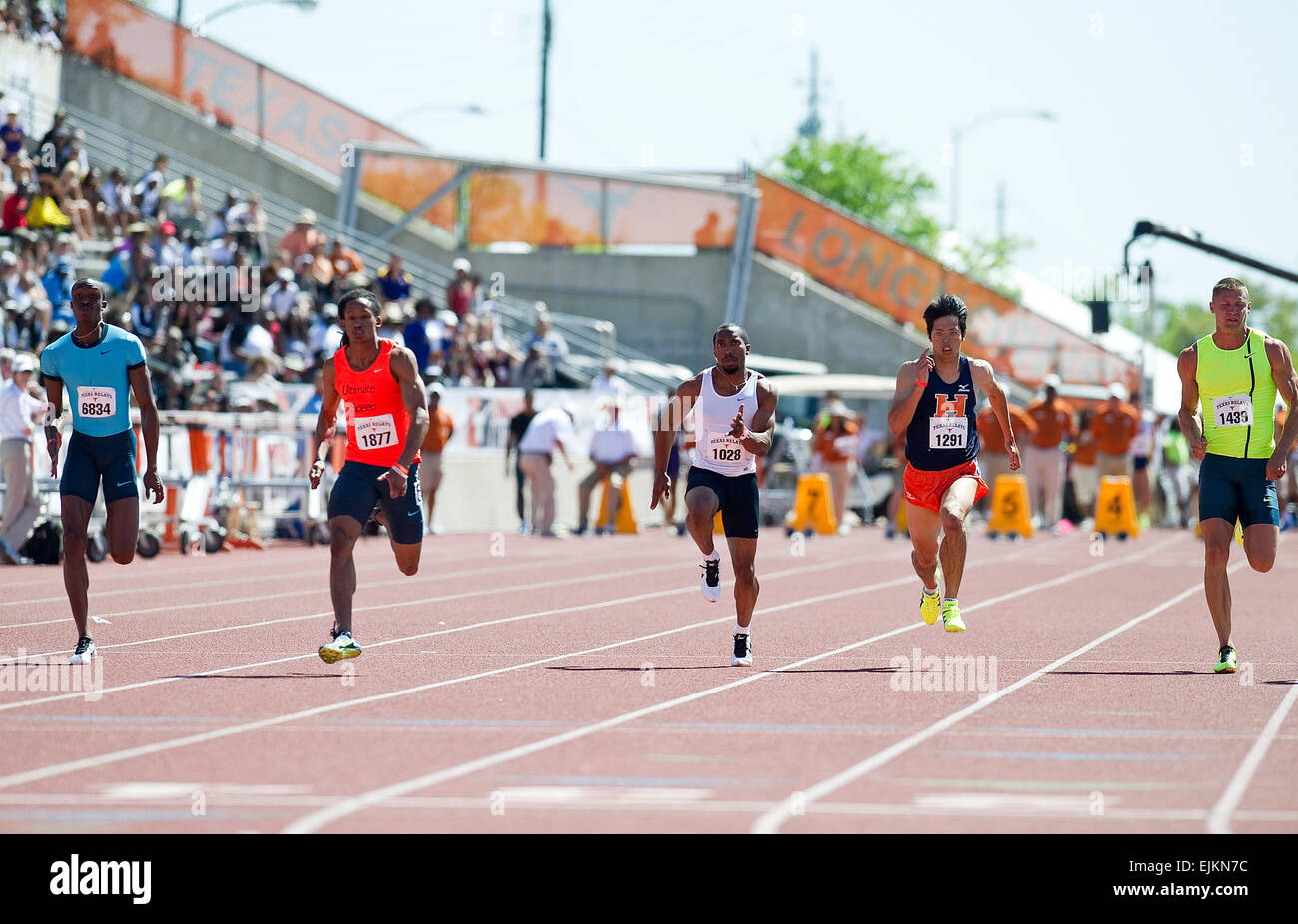 March 28, 2015: Kazuma Osto #1291 from Japan in the Men's 100 Meter Dash Invitational with a time of 10.39 at The 88th NIKE Clyde Littlefield Texas Relays, Mike A. Myers Stadium. Austin, Texas. Stock Photo