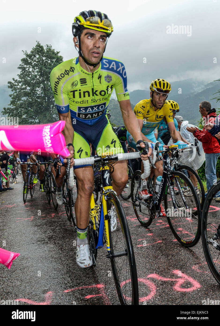 Alberto Contador, Team Tinkoff-Saxo, on his right Vincenco Nibali, Team  Astana and Overall Winner Tour de France 2014, Stage 8 Stock Photo - Alamy