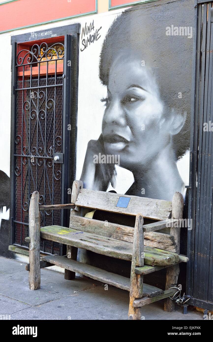 painting mural music street art San Francisco SF California bench Stock Photo