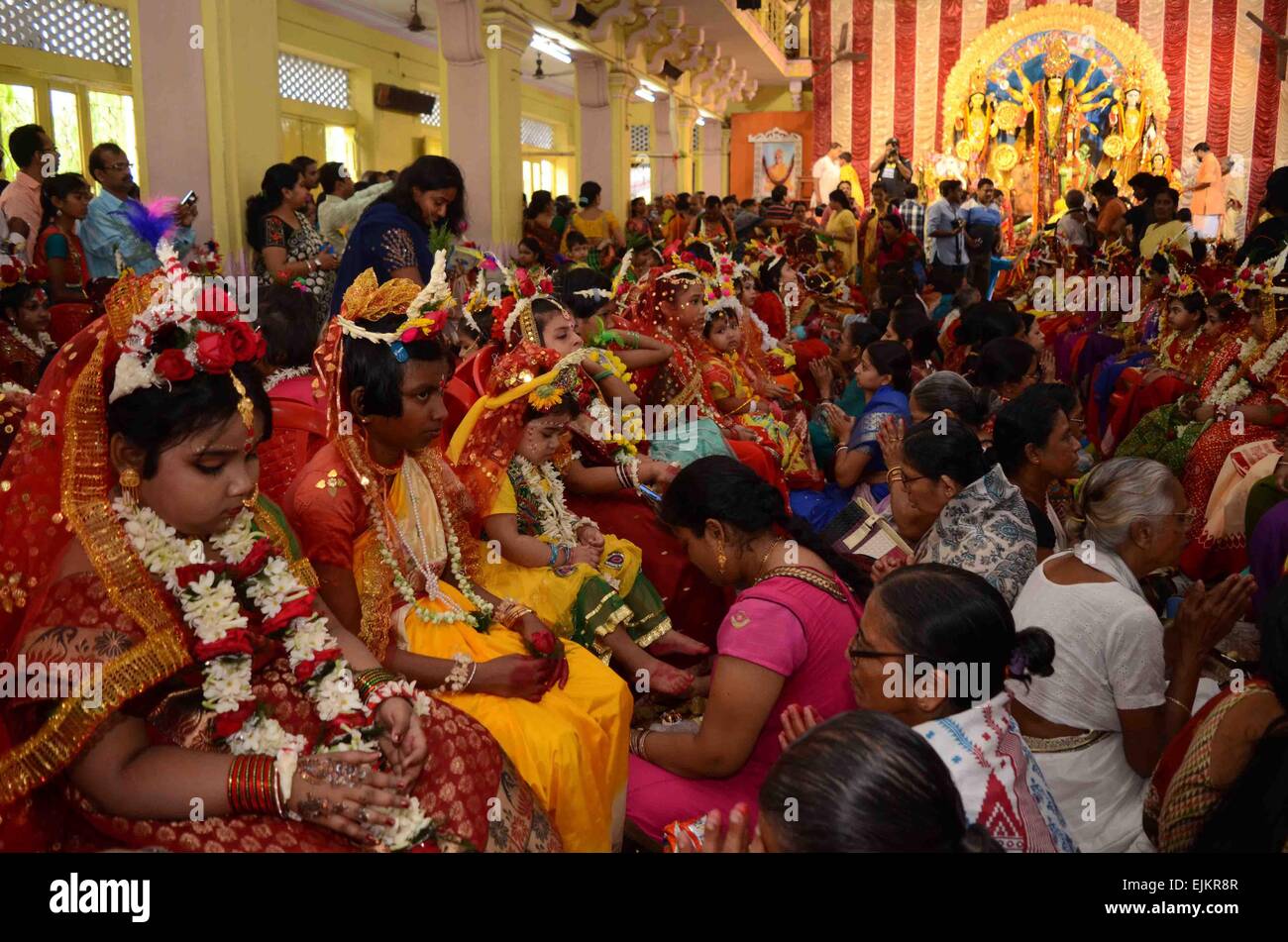 Kolkata, India. 28th Mar, 2015. Hindu devotees worship young girls ...