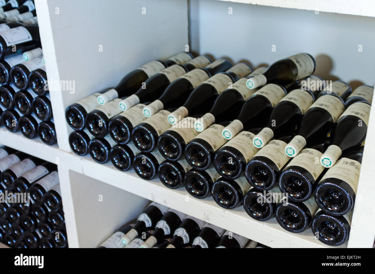 Bottles of Aligoté wine at Domaine de la Folie, a vineyard near Chagny in the Côte Chalonnaise of Burgundy, France. Stock Photo