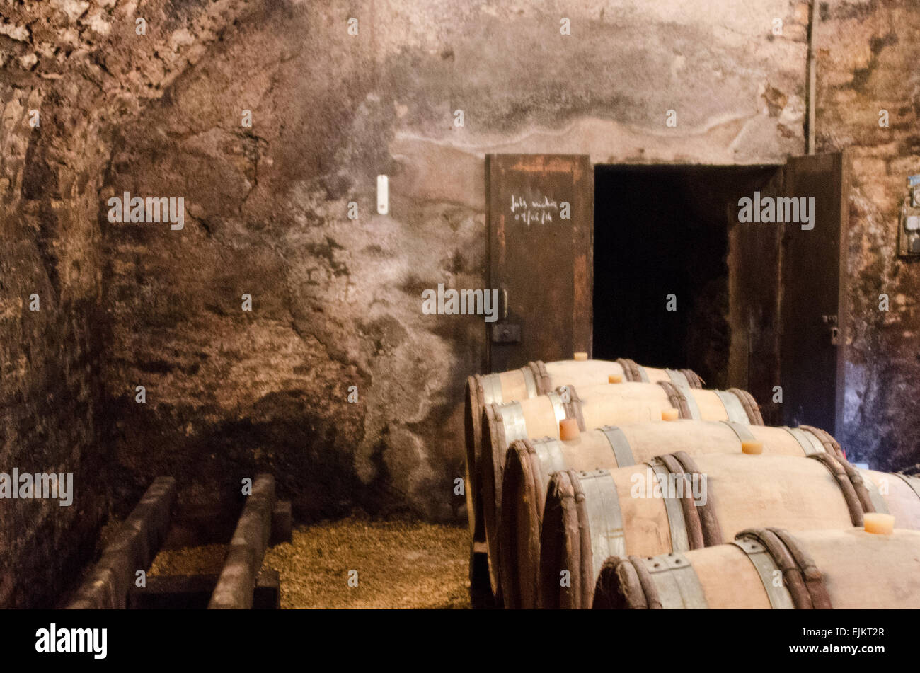 Casks of wine stored in the cellars of Domaine de la Folie, a vineyard near Chagny in the Côte Chalonnaise of Burgundy, France. Stock Photo