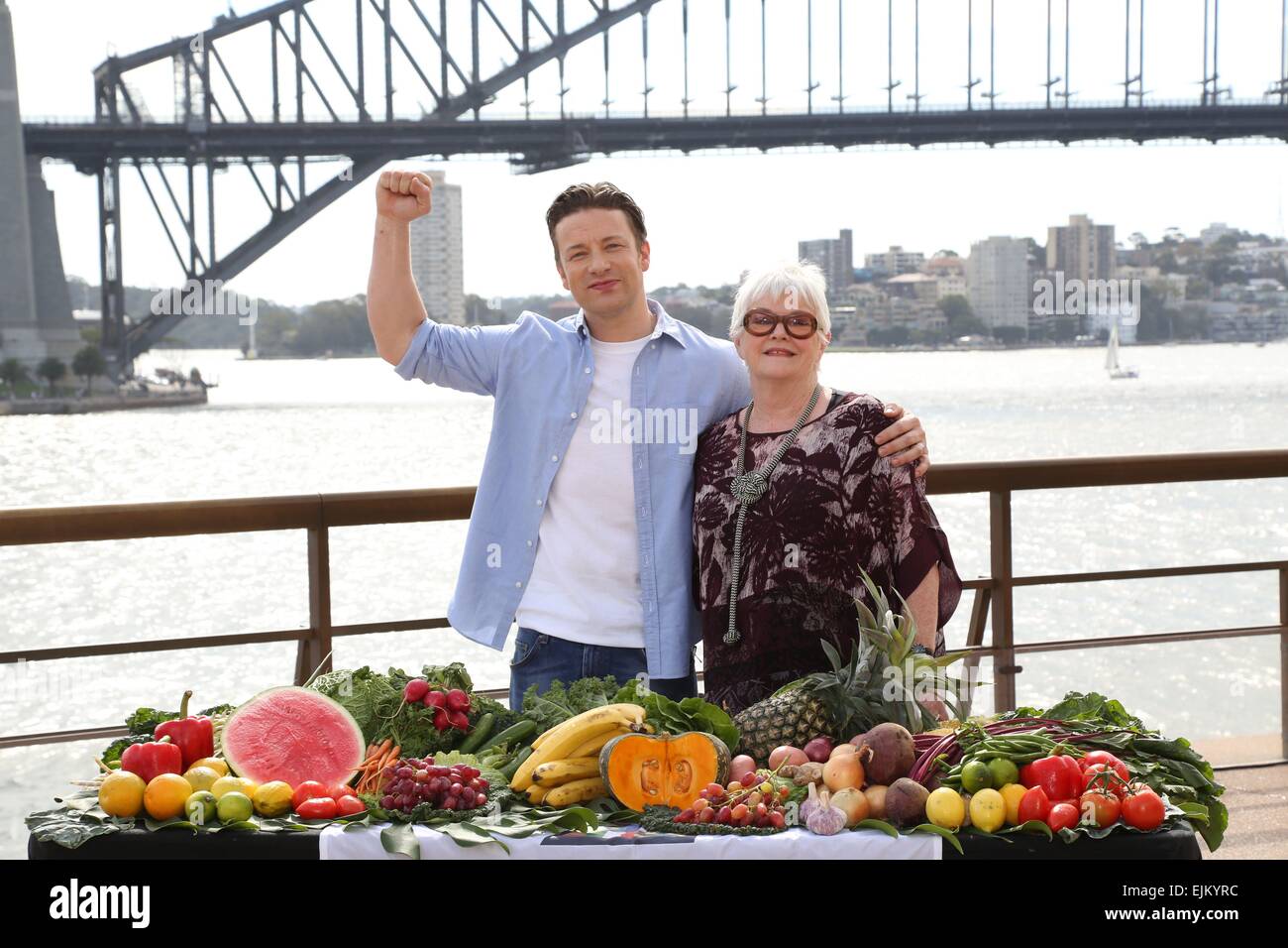 Sydney, Australia. 29 March 2015. British celebrity chef Jamie Oliver launched a global change.org petition to demand compulsory food education for all children. The petition aims to persuade the governments of the G20 countries to provide their nations’ children with the basic “human right” of food education in schools. Pictured is Jamie Oliver and Australian Cook and Restaurateur, Stephanie Alexander. Credit: Richard Milnes/Alamy Live News Stock Photo
