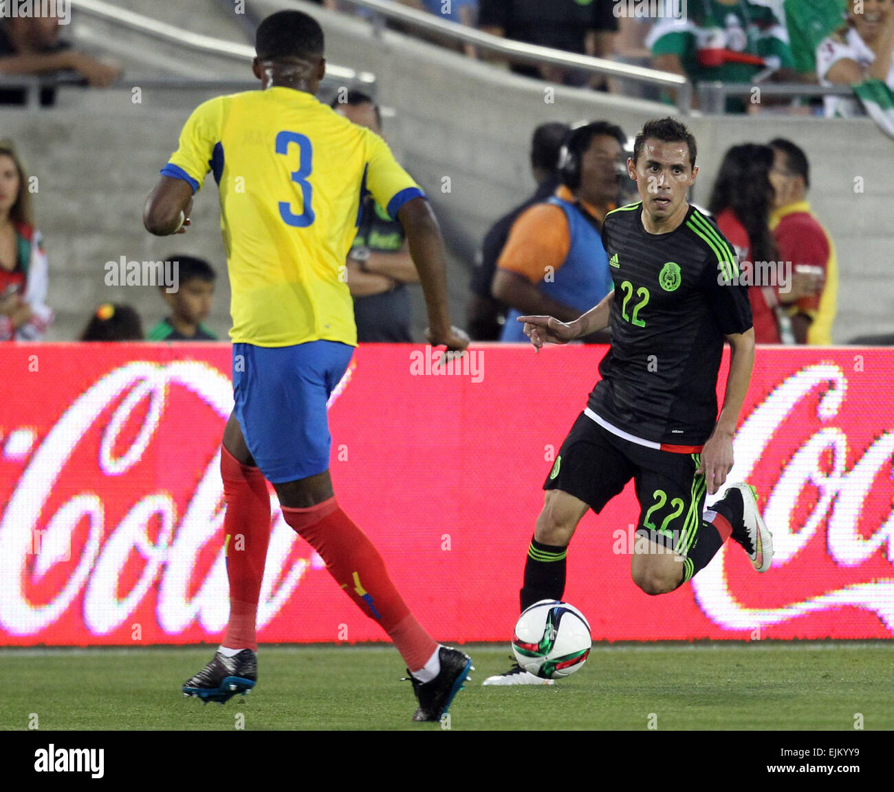 California, USA. 28th Mar, 2015. Mexico's Paul Aguilar (R) competes during the international friendly match against Ecuador, held in the Los Angeles Memorial Coliseum, in Los Angeles city, California state, the United States, on March 28, 2015. Mexico won 1-0. Credit:  Omar Vega/NOTIMEX/Xinhua/Alamy Live News Stock Photo