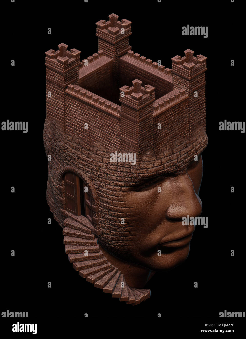 head fortress, art;3D graphics; digital graphics; mysticism; head; person; illustrations Stock Photo