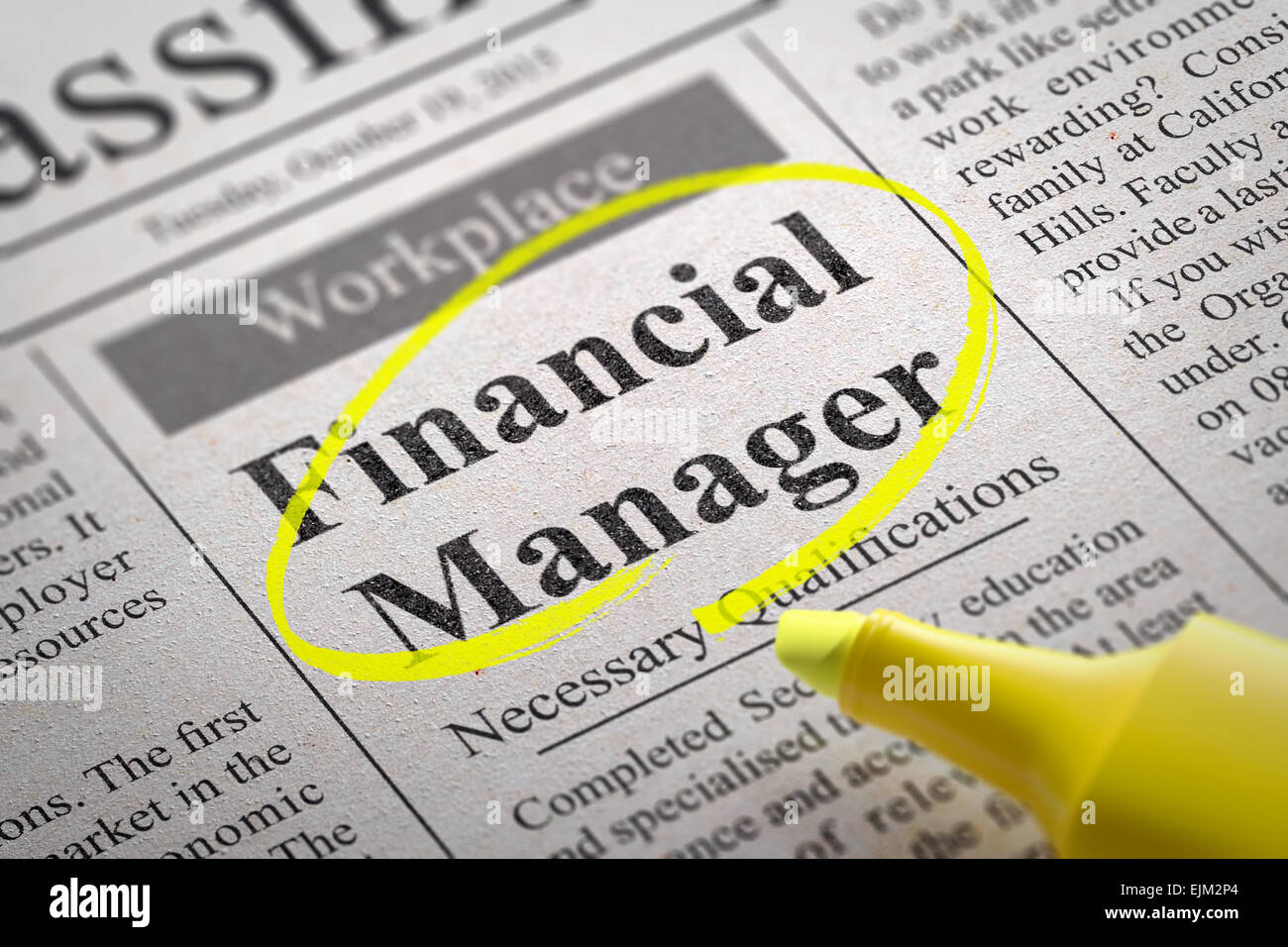 Financial Manager Jobs in Newspaper. Stock Photo