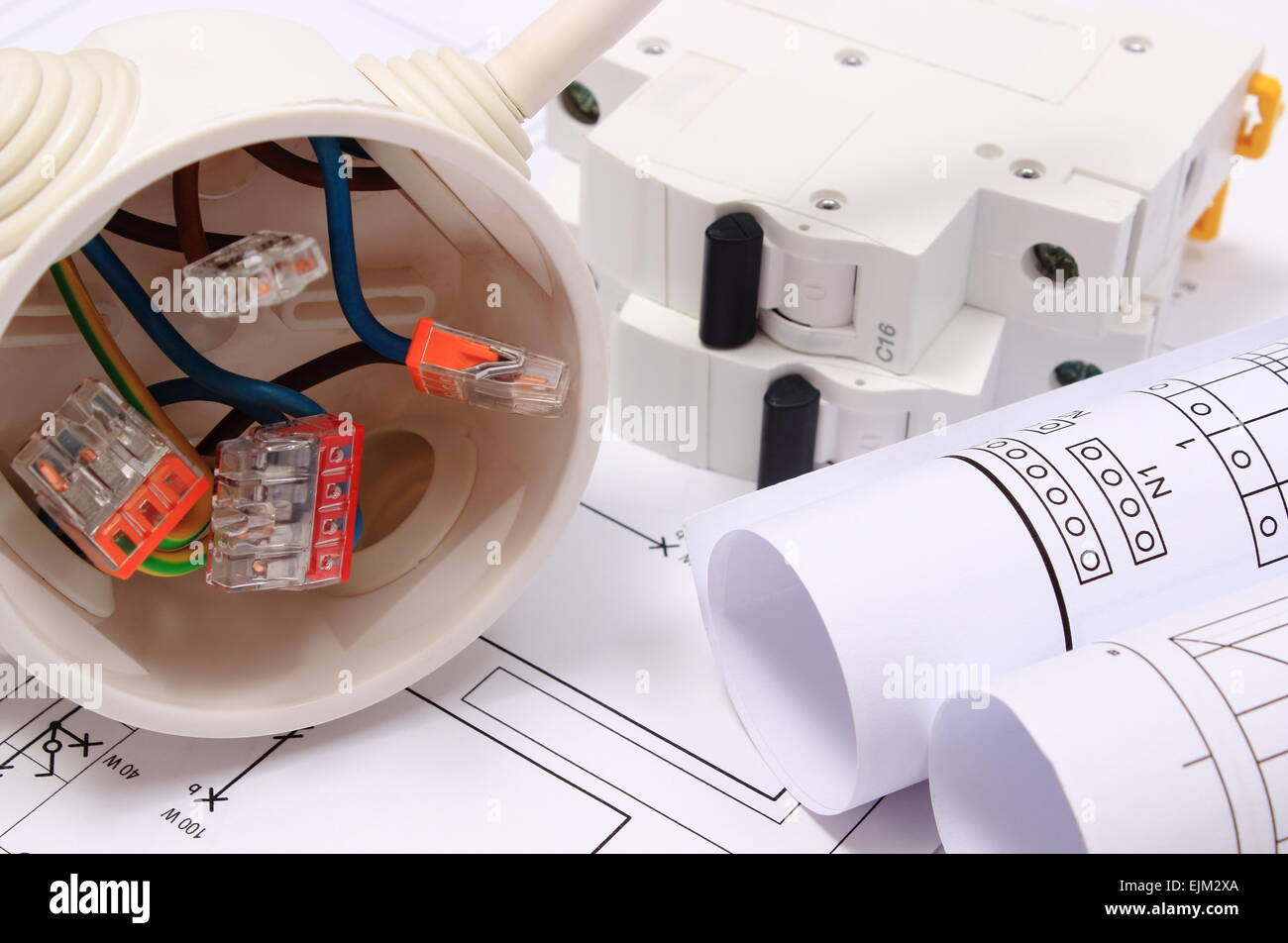 Copper wire connections in electrical box, rolls of electrical diagrams