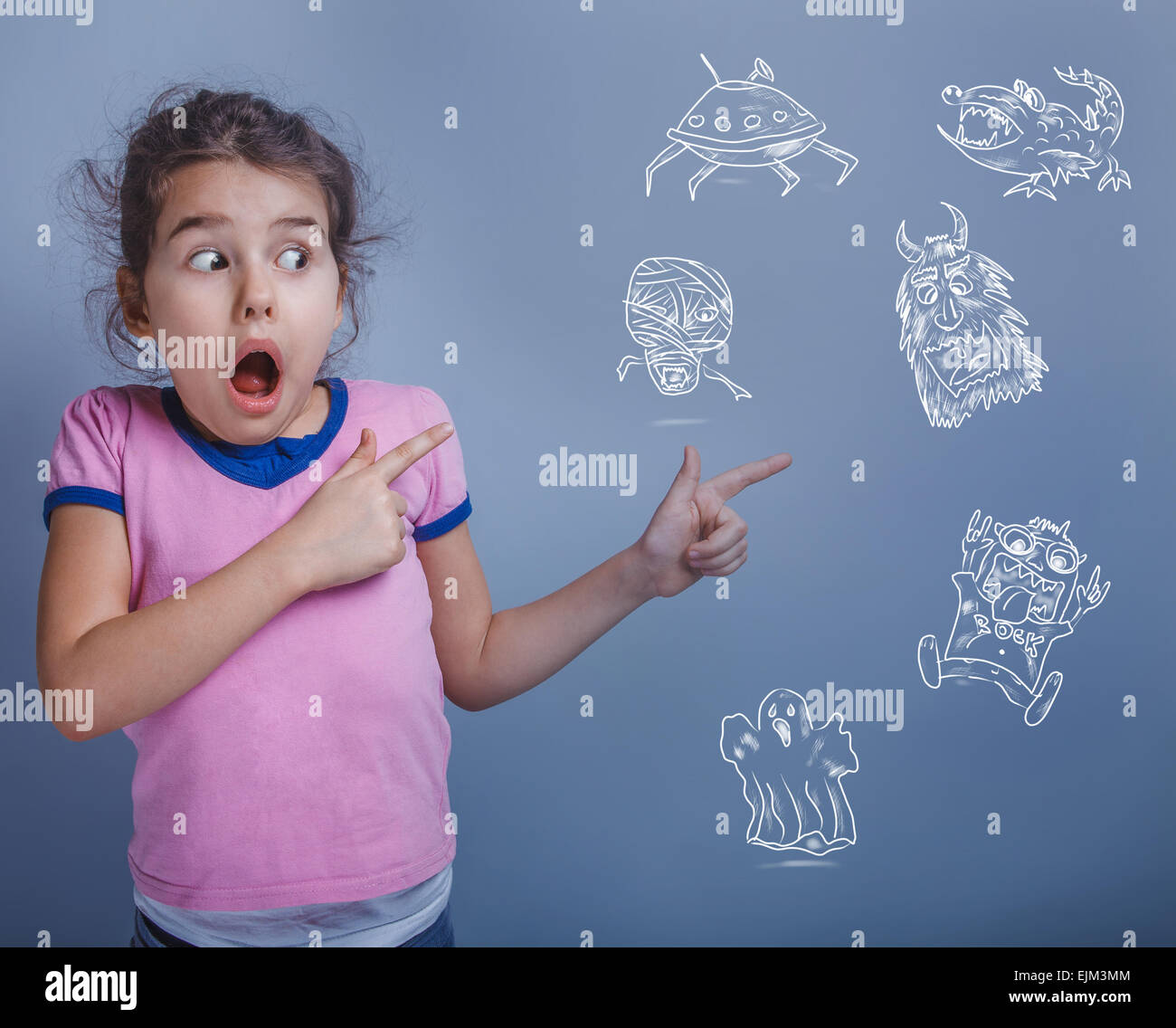 teen girl six years phobia afraid of monsters childish fear info Stock Photo