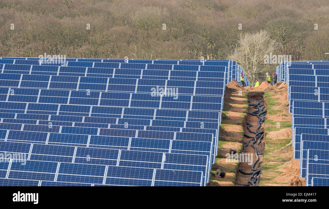 The installation of P.V. solar panels at a solar farm on the Welbeck Estate, Meden Vale, Nottinghamshire. Stock Photo