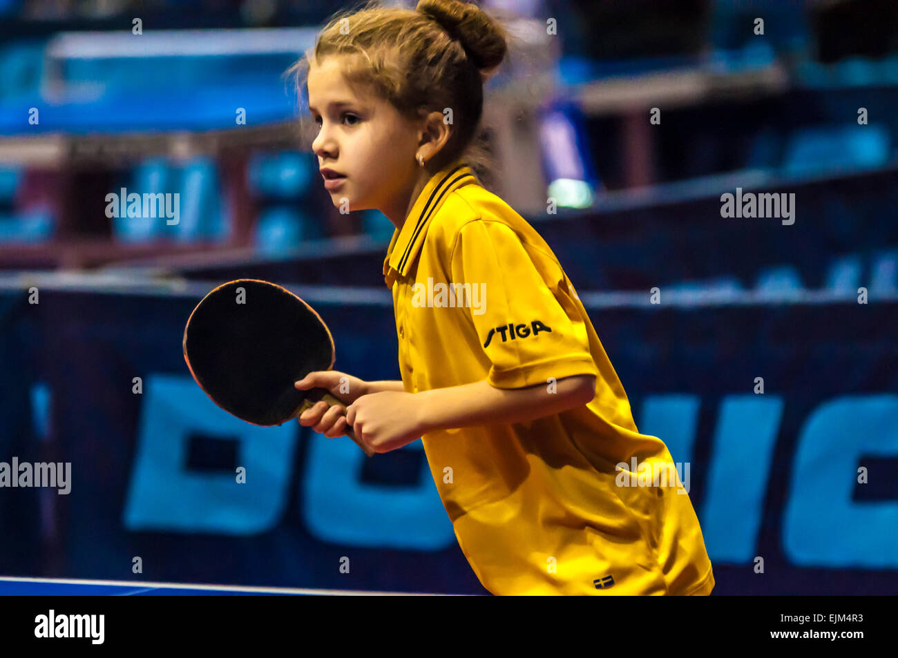 ORENBURG, ORENBURG region, RUSSIA - 5 February 2015: Girl playing table tennis at the tournament strongest sportsmen of Russia 'TOP – 12' in table tennis Stock Photo
