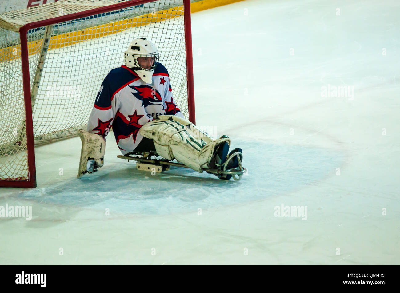 ORENBURG, ORENBURG region, RUSSIA - 7 February 2015: Public performance Orenburg ice sledge hockey club 'Hawks' within the framework of the all-Russian day of winter sports, dedicated to the anniversary of the XXII Olympic Winter Games and XI Paralympic Winter Games of 2014 in Sochi Stock Photo