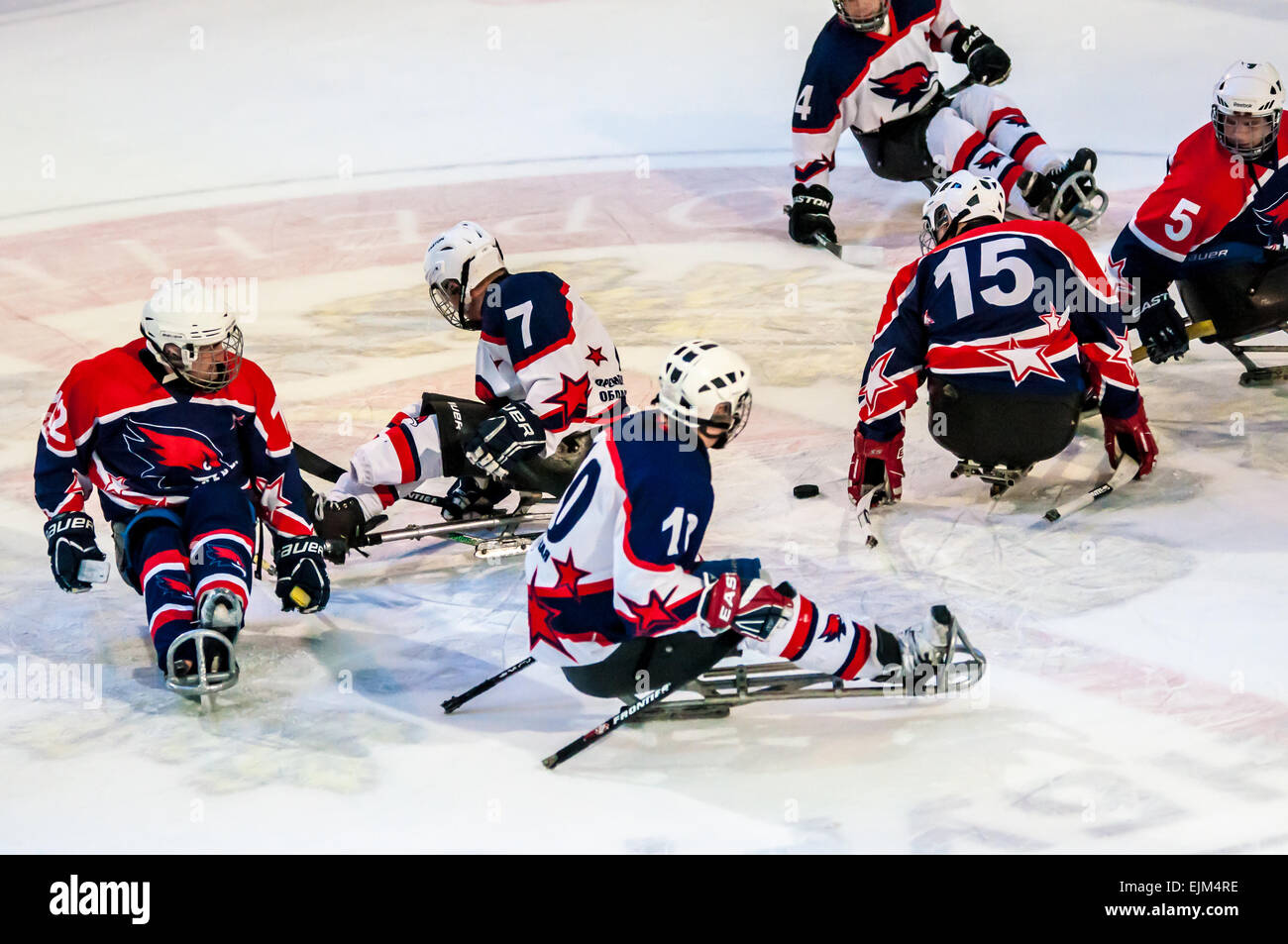 ORENBURG, ORENBURG region, RUSSIA - 7 February 2015: Public performance Orenburg ice sledge hockey club 'Hawks' within the framework of the all-Russian day of winter sports, dedicated to the anniversary of the XXII Olympic Winter Games and XI Paralympic Winter Games of 2014 in Sochi Stock Photo