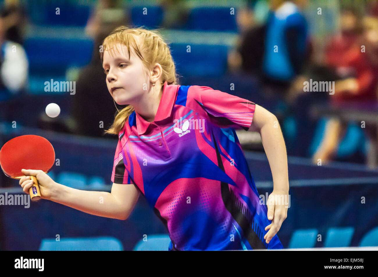 ORENBURG, ORENBURG region, RUSSIA - 5 February 2015: Girl playing table tennis at the tournament strongest sportsmen of Russia 'TOP – 12' in table tennis. Stock Photo