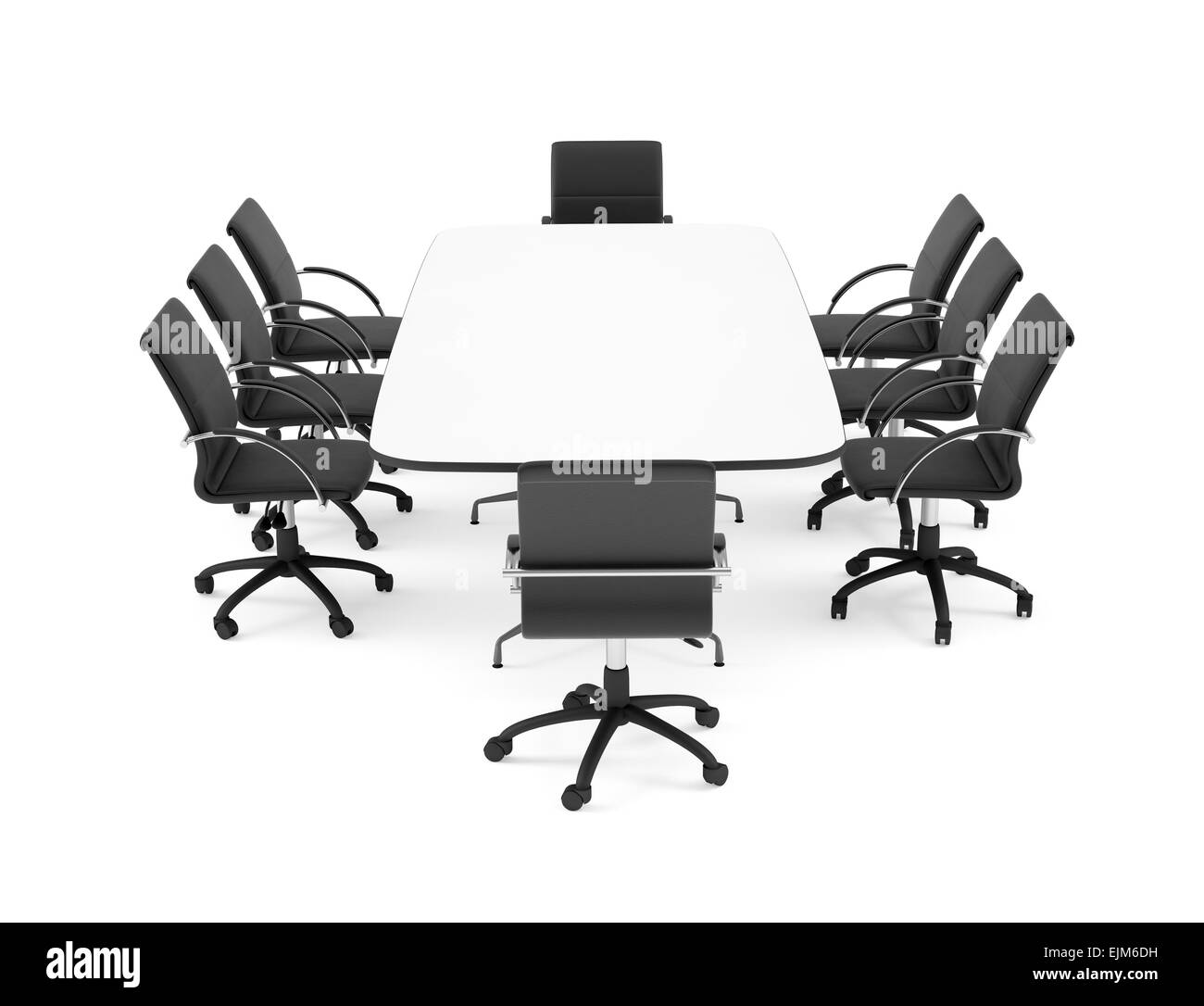 Big conference table and eight black office chairs. Isolated Stock Photo