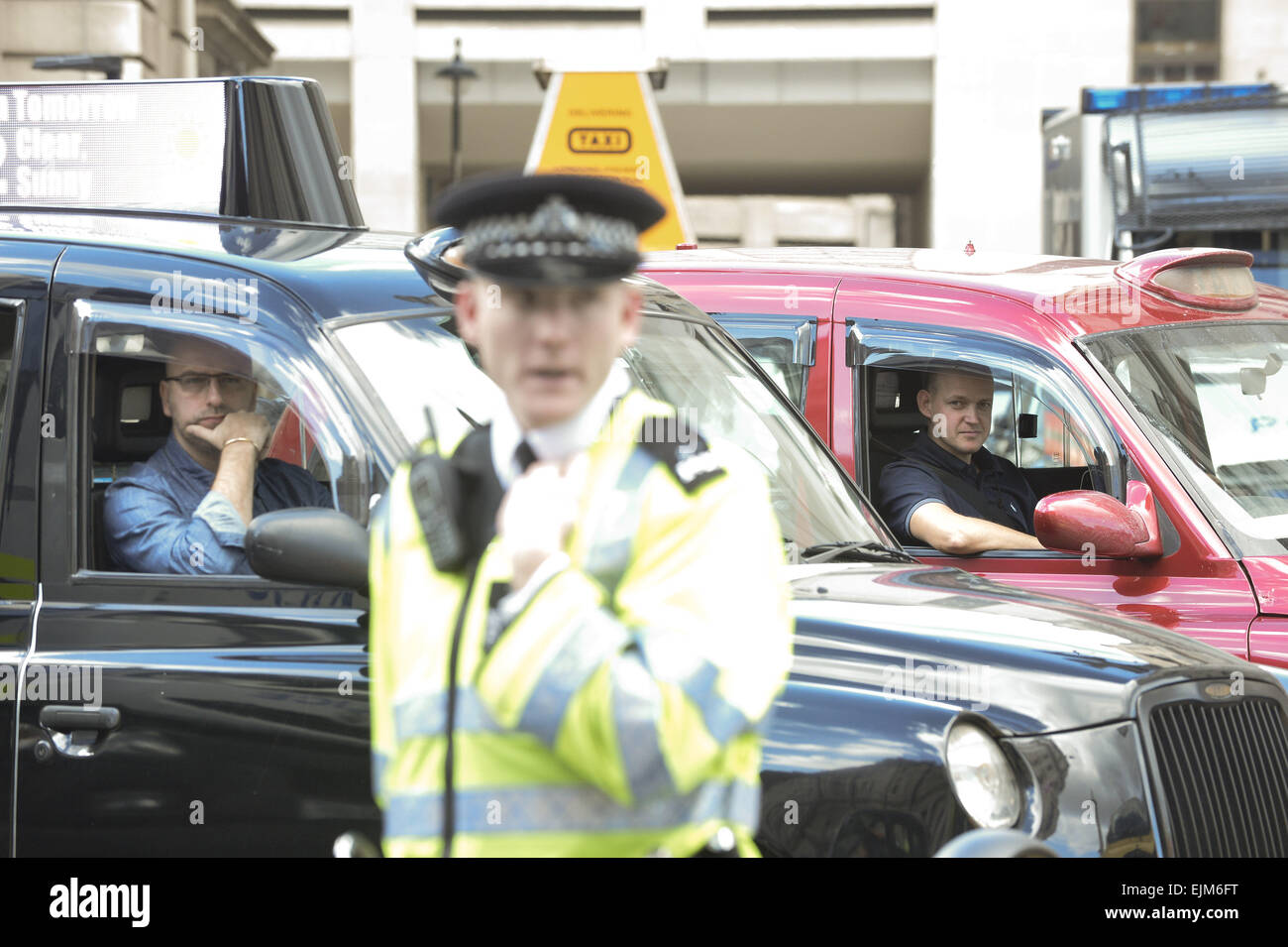 Taxi drivers stage a protest in Trafalgar Square, Whitehall, and the ...