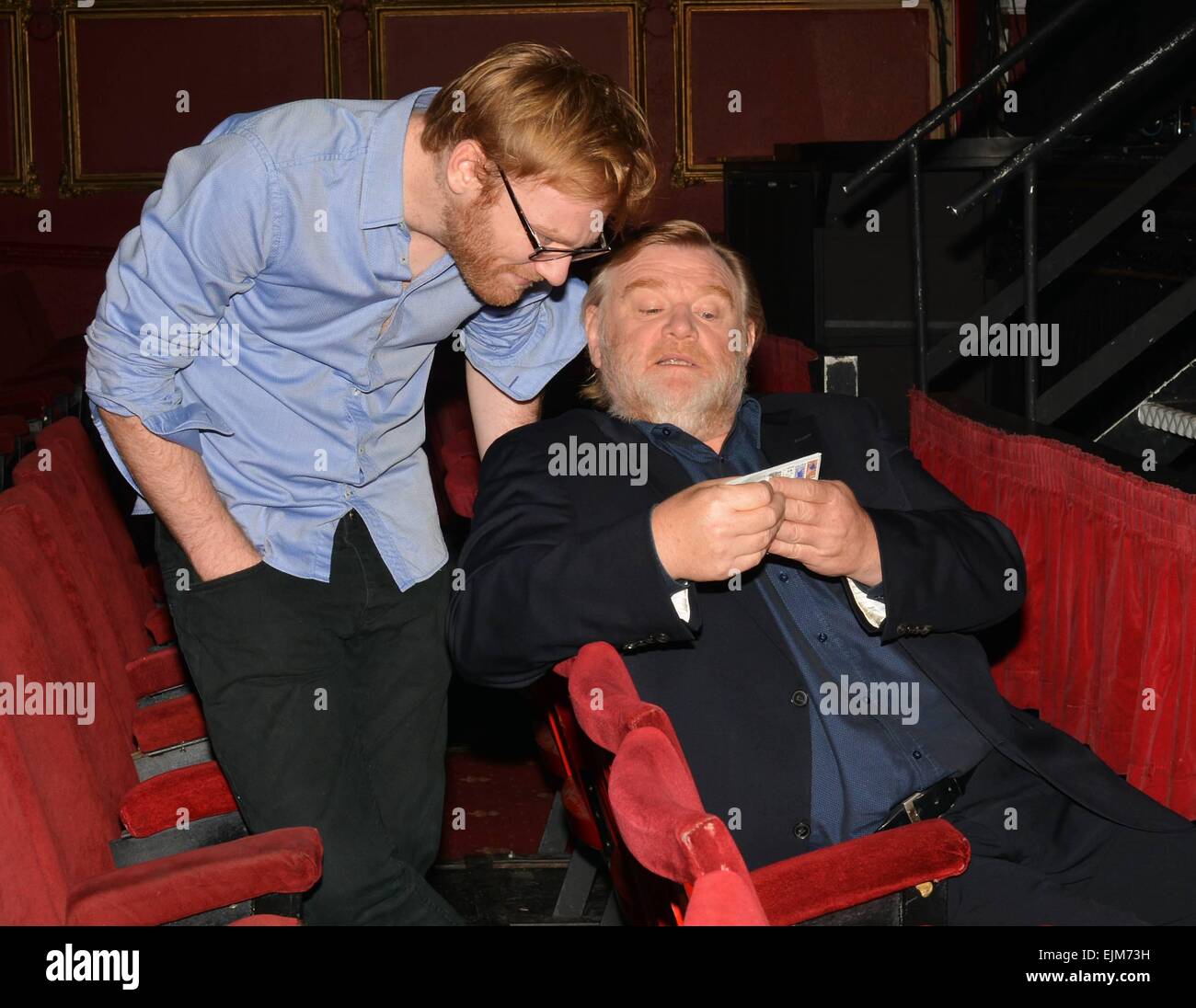 Brendan Gleeson and son Brian Gleeson at The Olympia Theatre to announce they'll be starring in the Enda Walsh play 'The Walworth Farce' along with the other Gleeson son, Domhnall Gleeson. The play runs at The Olympia Jan 10th - Feb 8th 2015. Featuring: B Stock Photo