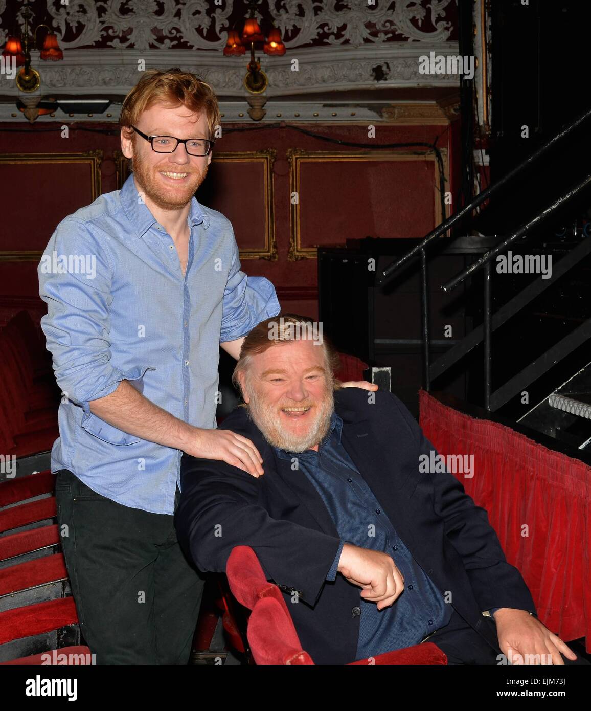 Brendan Gleeson and son Brian Gleeson at The Olympia Theatre to announce they'll be starring in the Enda Walsh play 'The Walworth Farce' along with the other Gleeson son, Domhnall Gleeson. The play runs at The Olympia Jan 10th - Feb 8th 2015. Featuring: B Stock Photo