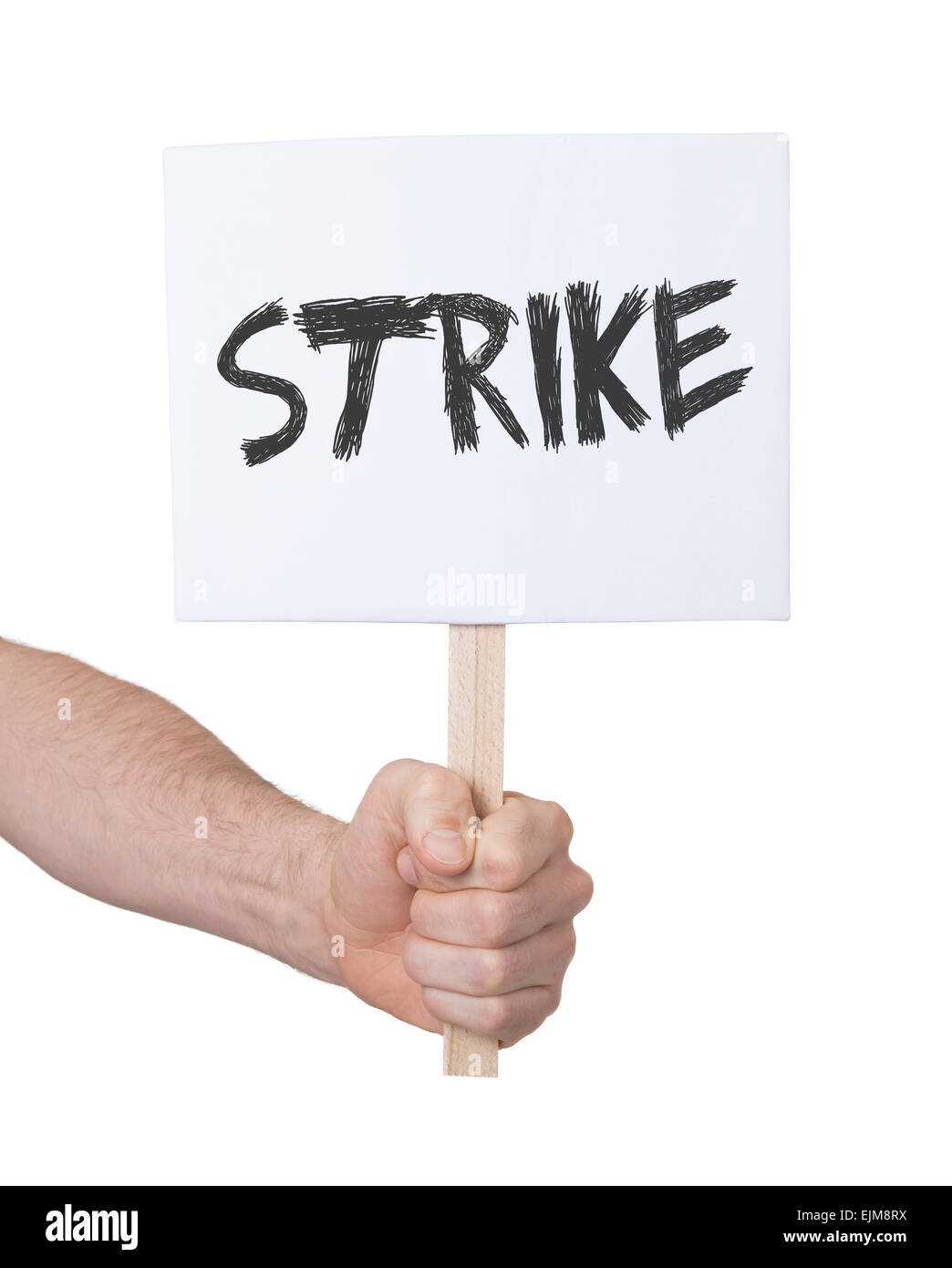 Hand holding sign, isolated on white - Strike Stock Photo