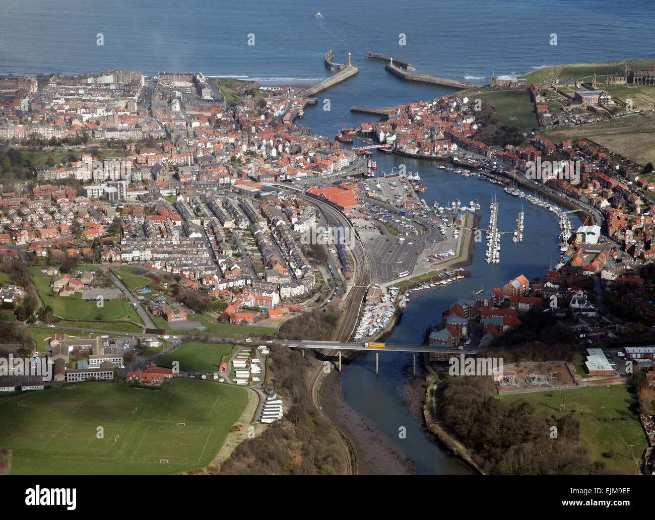 aerial view of Whitby, North Yorkshire coastal town, UK Stock Photo
