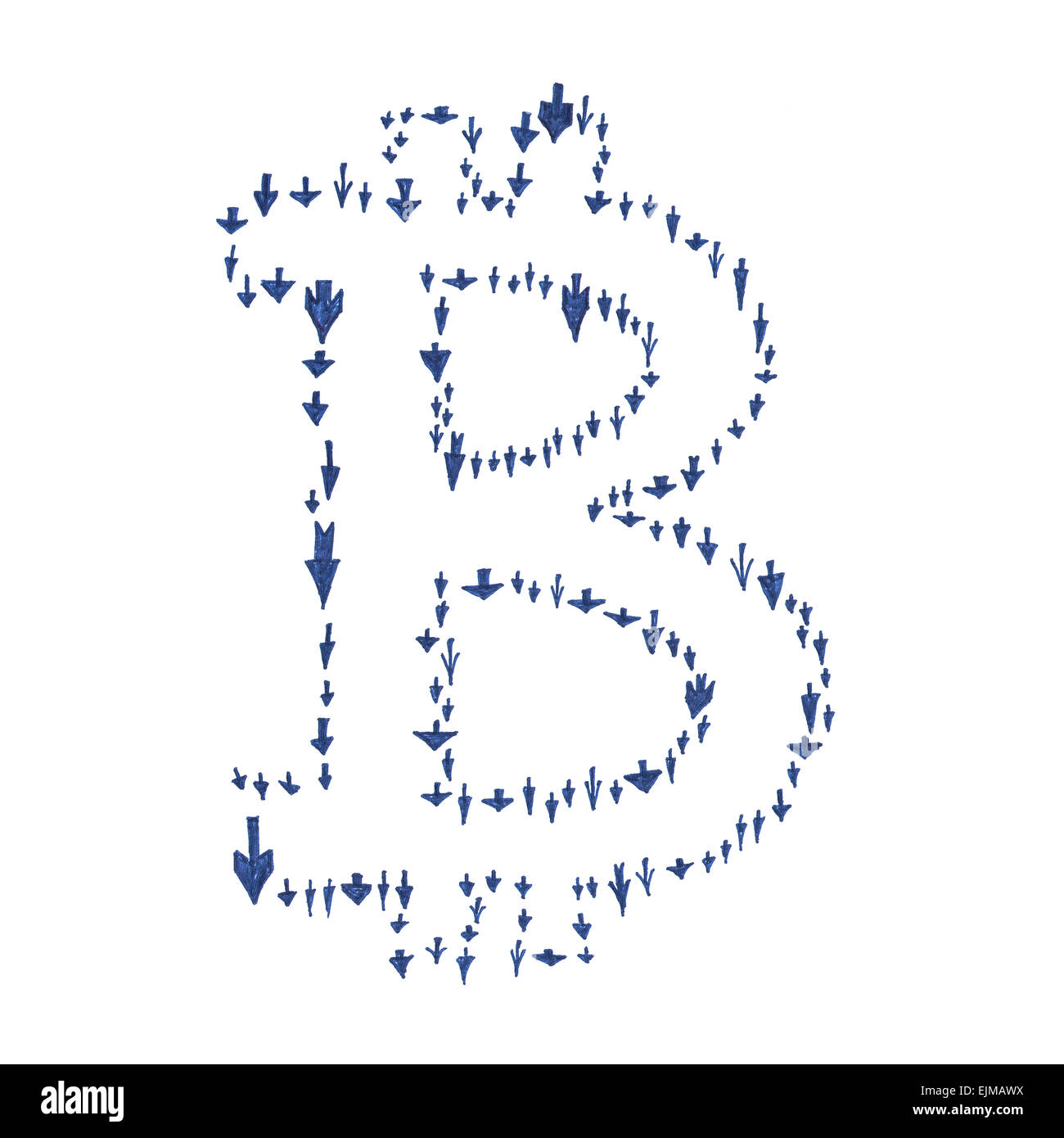 Bitcoin symbol arrow, handmade drawing of a digital crypto currency, small arrows indicating down in a shape of letter B Stock Photo