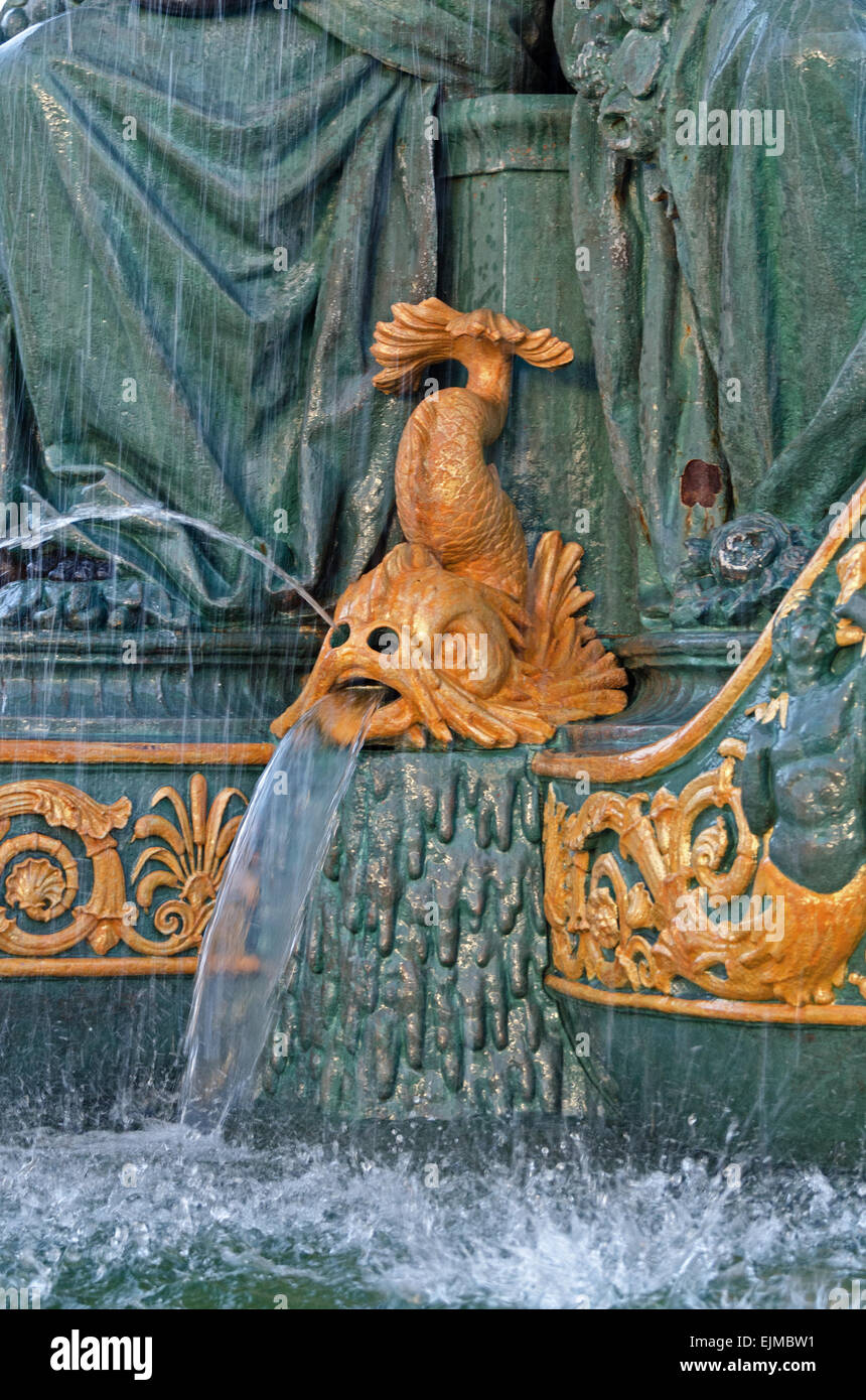 Close up view of a dolphin statue in the Fontaine des Mers, Place de la Concorde, Paris. Stock Photo