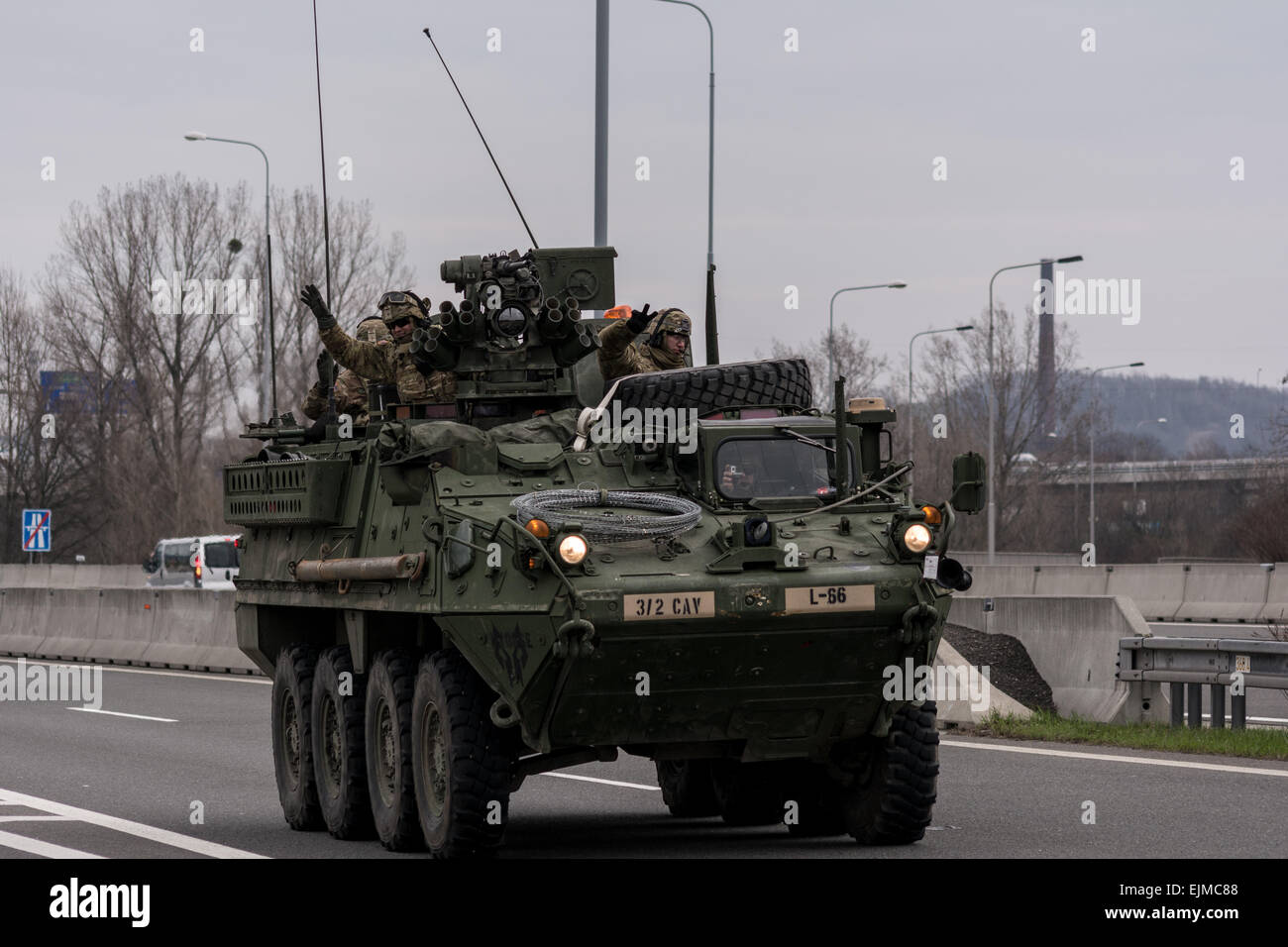 US army convoy armored vehicle Stryker going across Czech republic Stock Photo