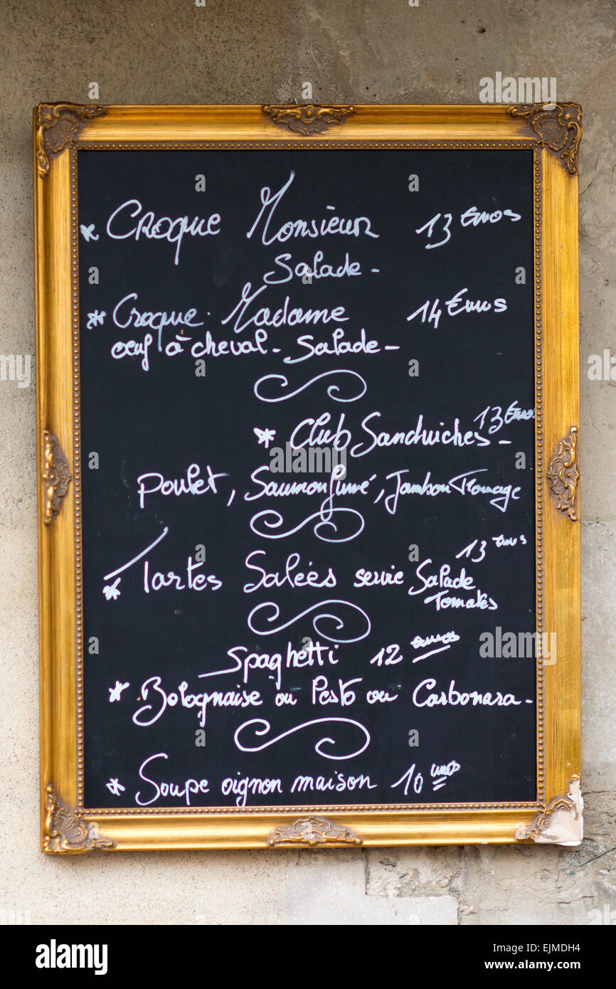 Chalk board menu sign in gold frame, Paris, France Stock Photo - Alamy