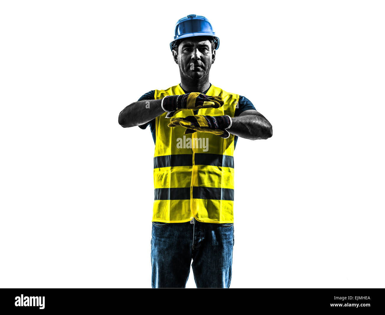 one construction worker signaling with safety vest emergency stop silhouette isolated in white background Stock Photo