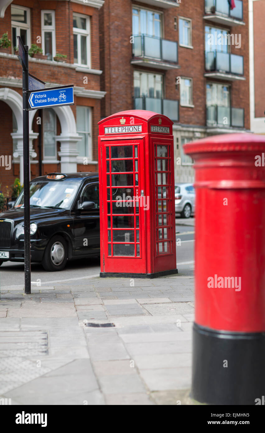 Red phone booth and letterbox, black cab,London Stock Photo